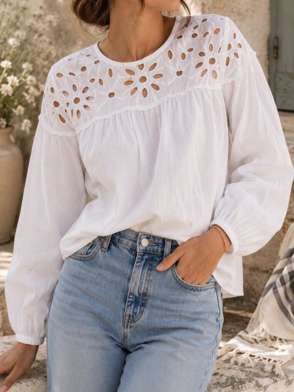Ann Taylor White Floral Eyelet Yoke Cotton Puff Sleeve Blouse S
